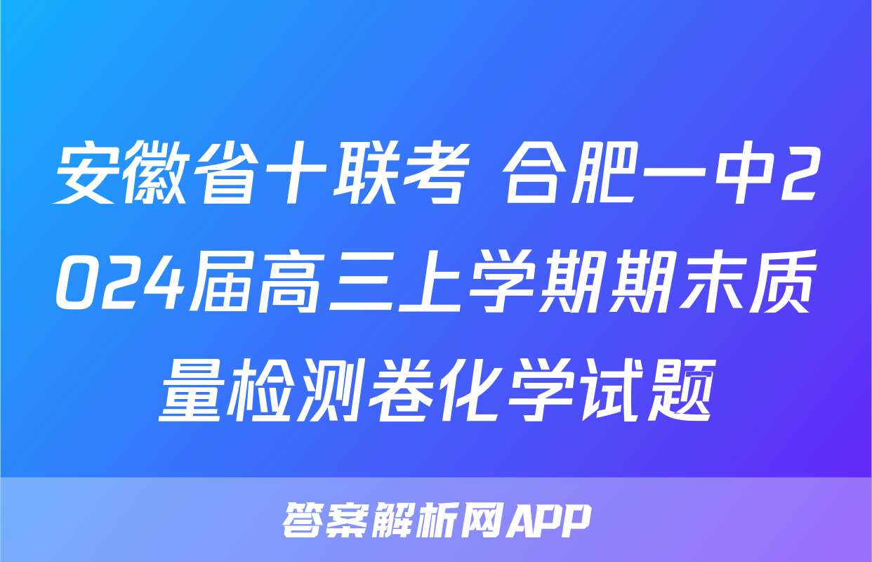 安徽省十联考 合肥一中2024届高三上学期期末质量检测卷化学试题